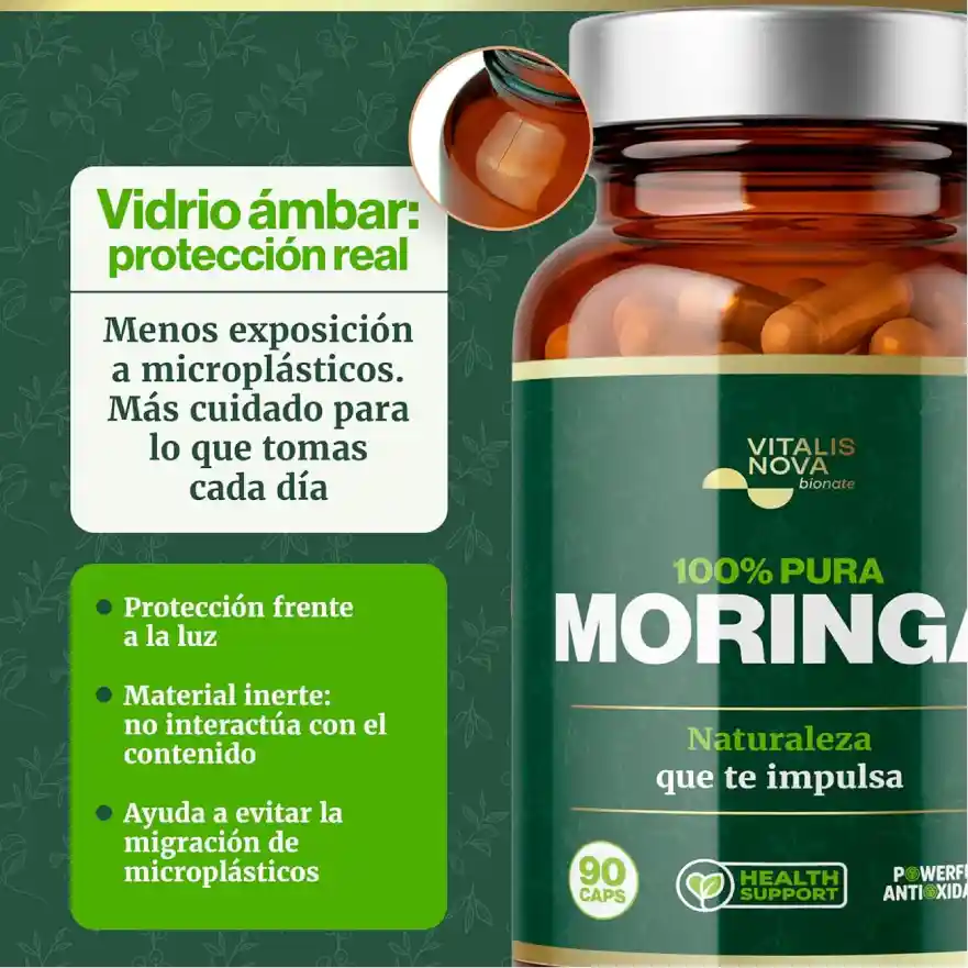 Infografía Amazon de moringa en envase ámbar