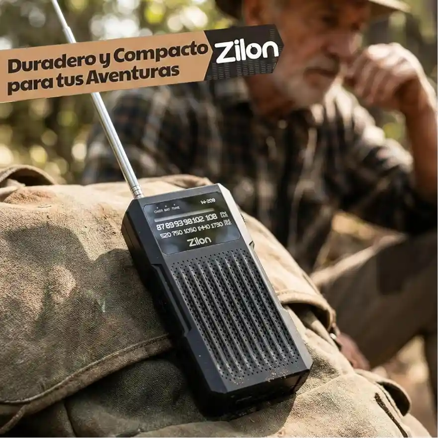 Imagen lifestyle Amazon de radio portátil para aventuras